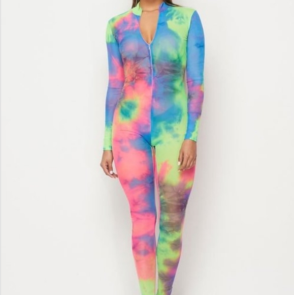 Long Sleeve Multi Neon Color Tie Dye Mesh Jumpsuit - Picture 6 of 8